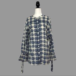 🤎🤎 Anthro Buttondown Blouse Ruffled Cuffs Peacock Pattern Plus Size​